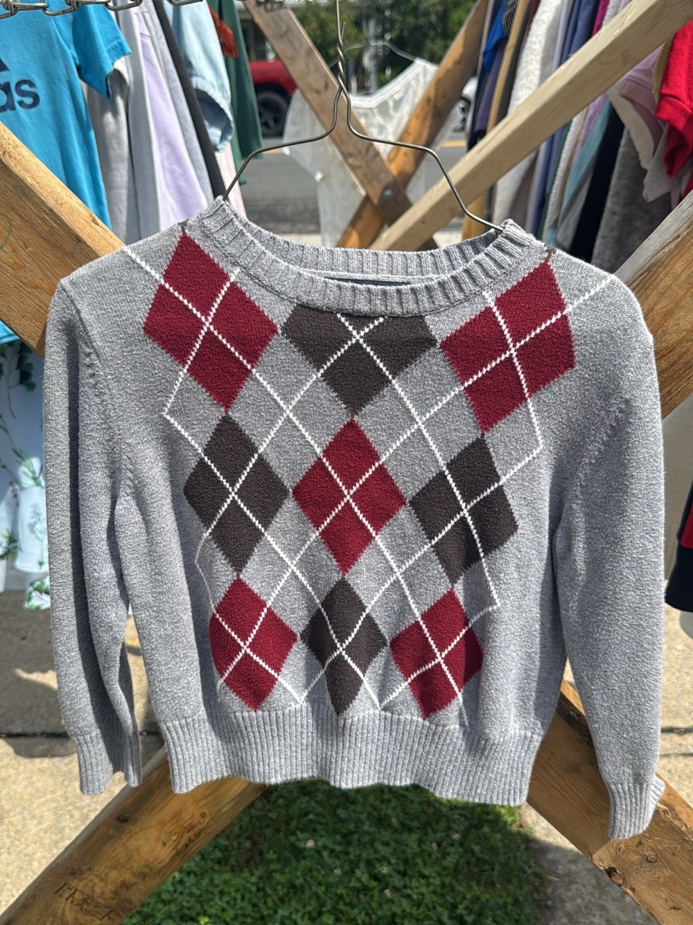 Cherokee Gray Argyle Crewneck Sweater with Red and Brown Diamonds
